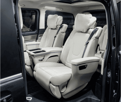 Premium comfort seating inside our luxury business van, designed for relaxing and elegant private sightseeing chauffeur tours across London.