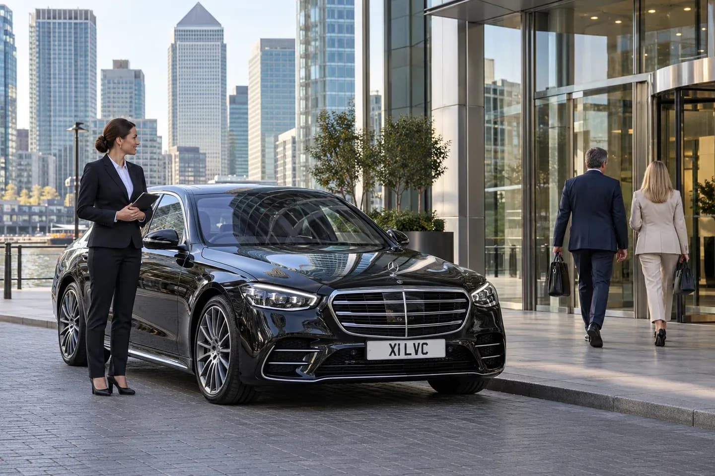 Female chauffeur beside a Mercedes-Benz S-Class outside a Canary Wharf office