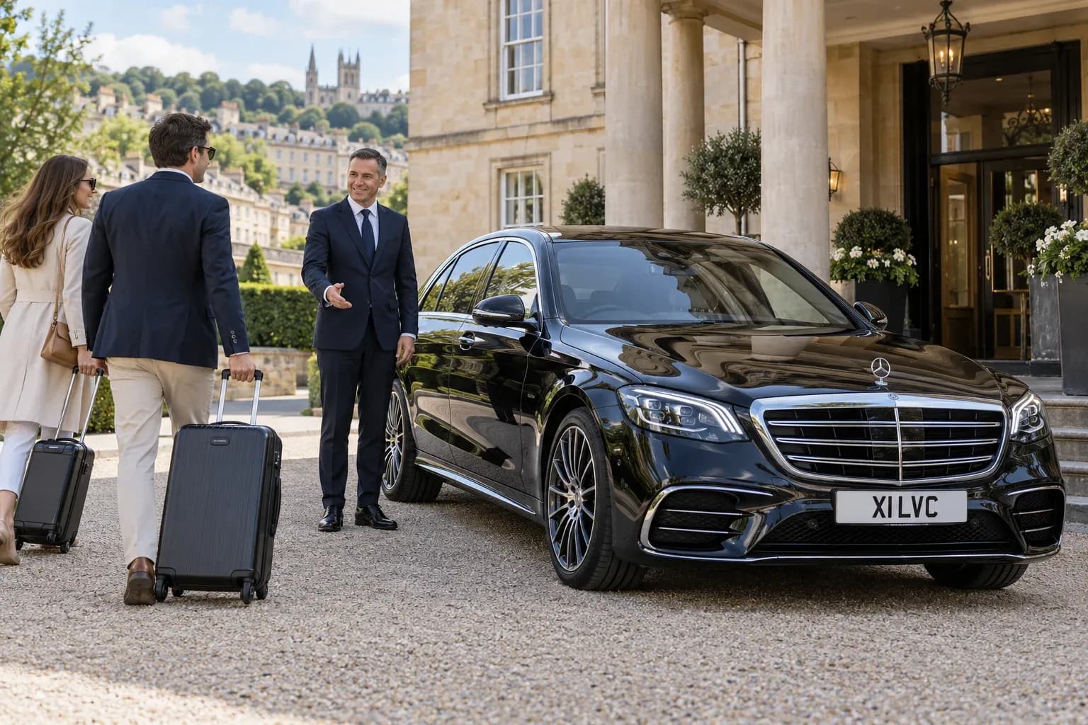 Chauffeur greeting hotel guests beside a black Mercedes-Benz S-Class in Bath
