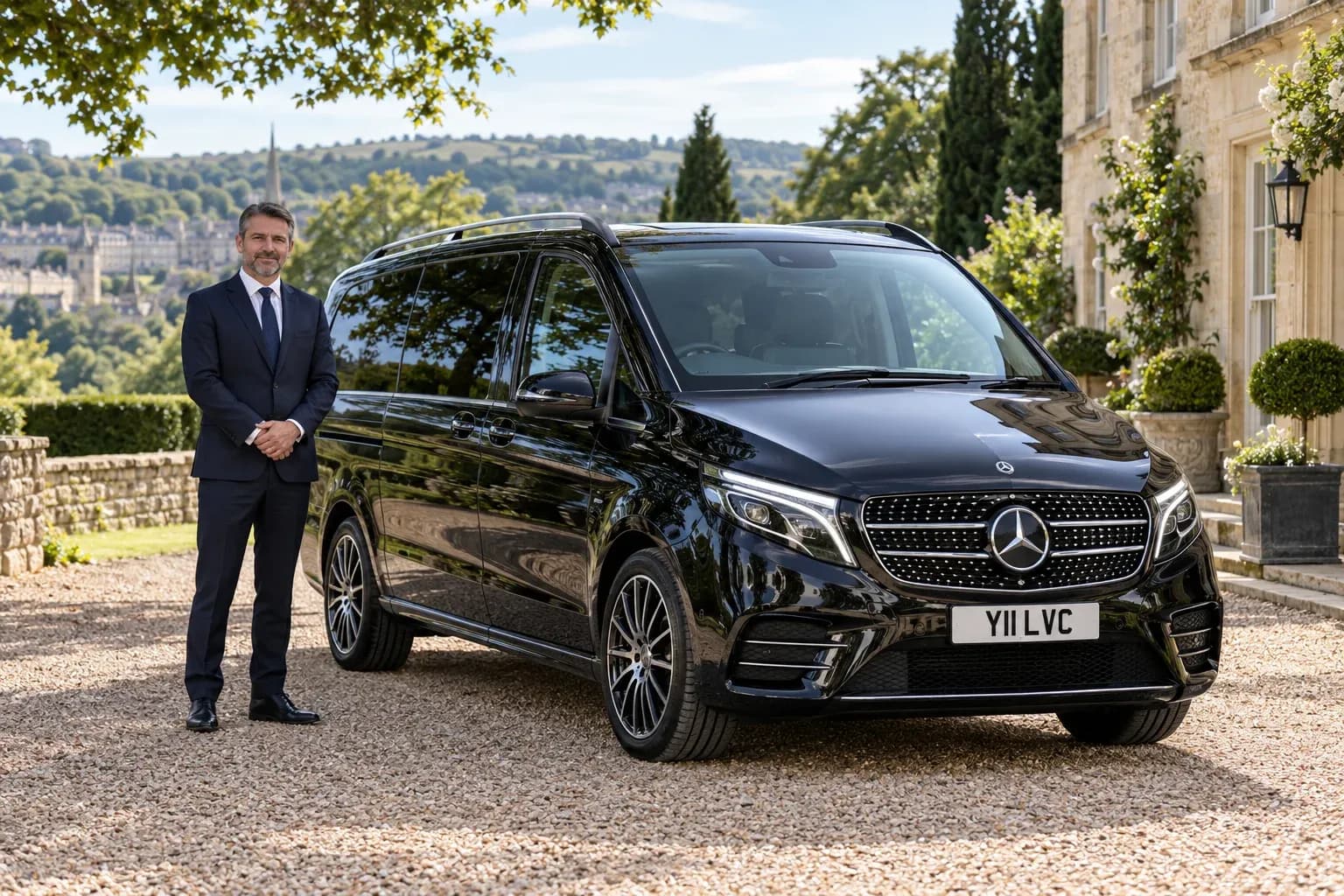 Black Mercedes-Benz V-Class with chauffeur in the countryside near Bath