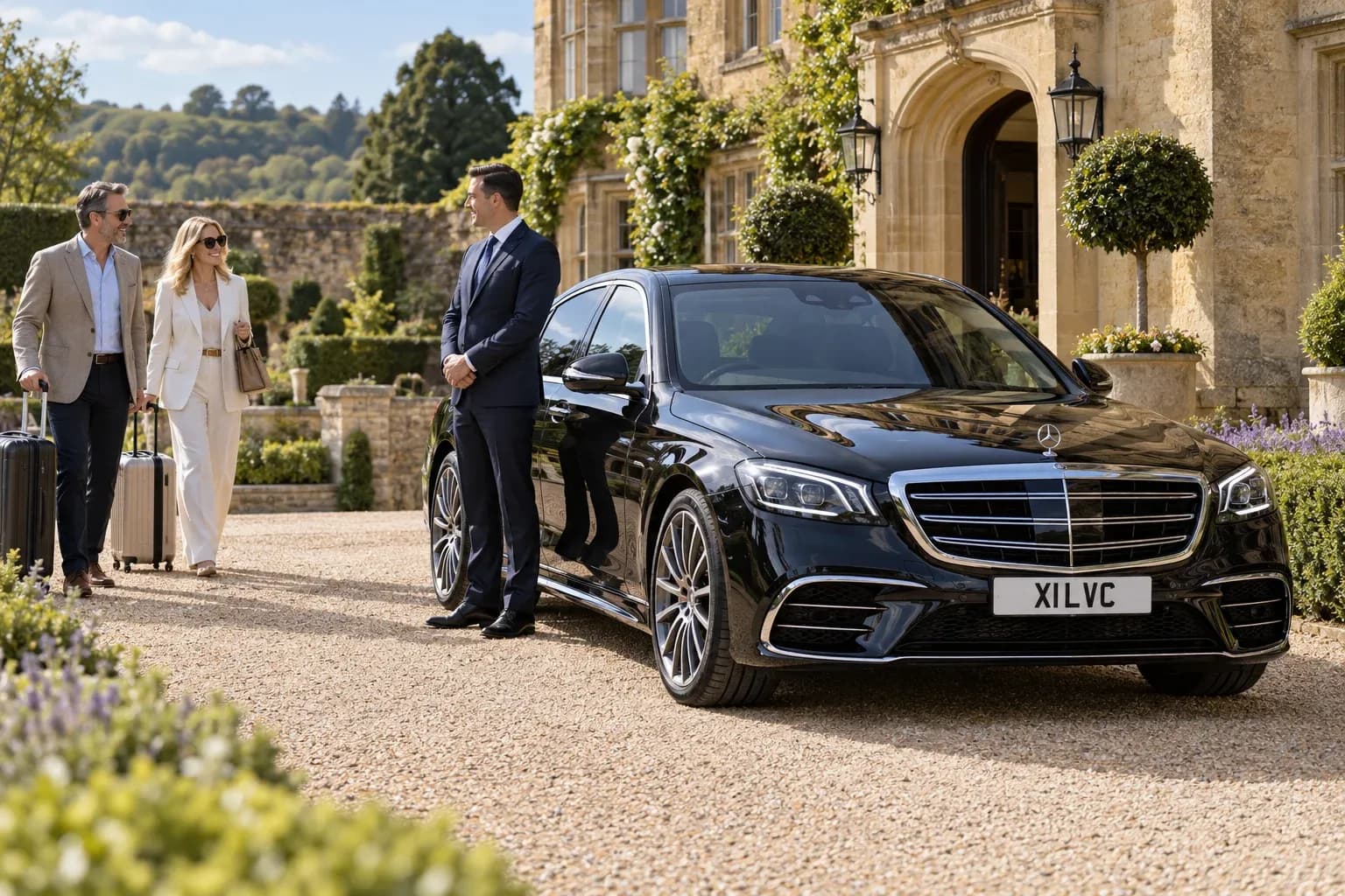 Chauffeur greeting hotel guests beside a black Mercedes-Benz S-Class in Cotswolds