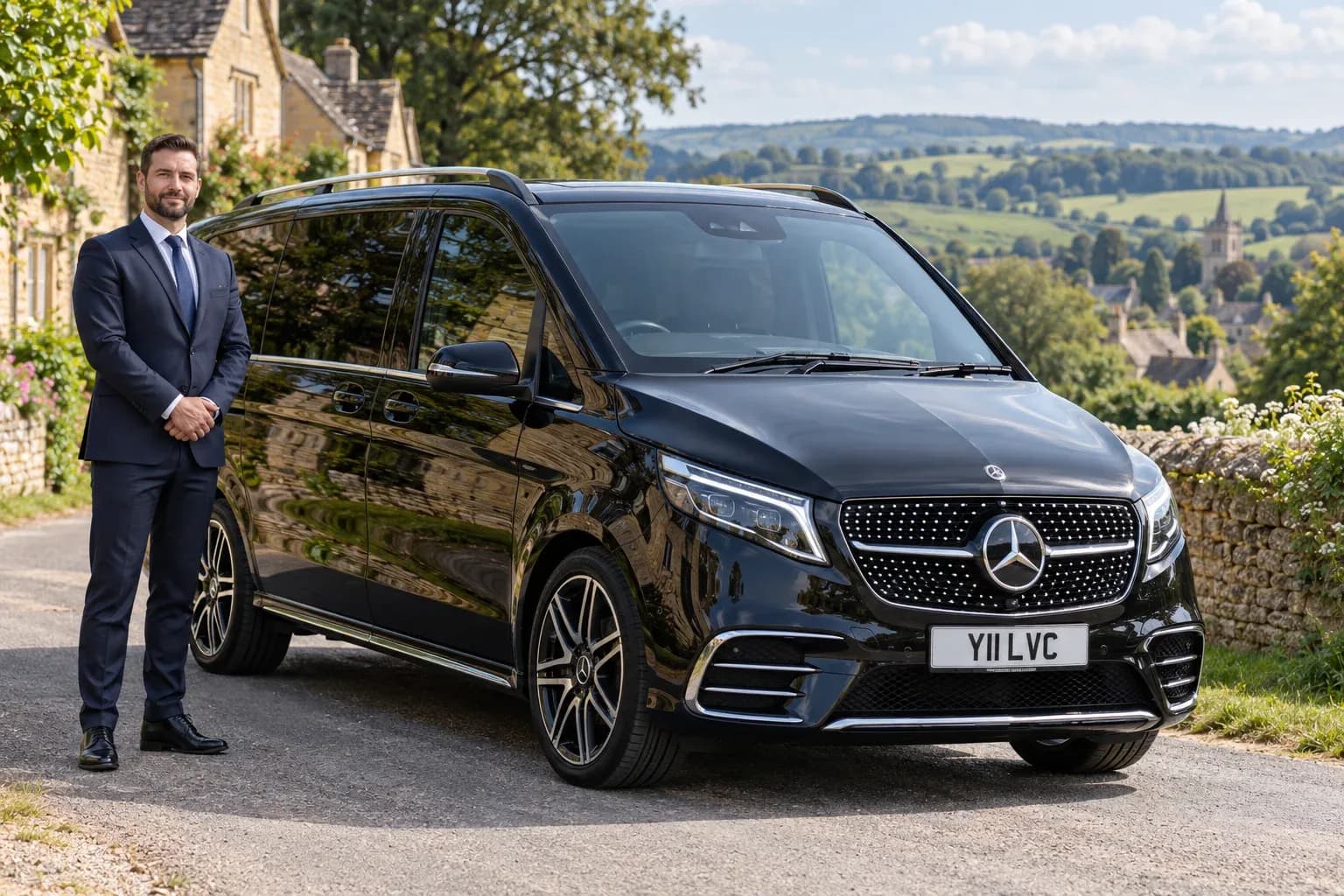 Black Mercedes-Benz V-Class with chauffeur in the countryside near Cotswolds