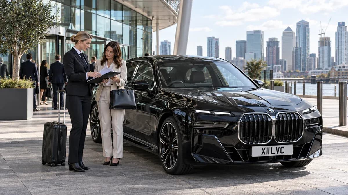 Illustration of a chauffeur coordinating an exhibition journey beside a black BMW 7 Series in London