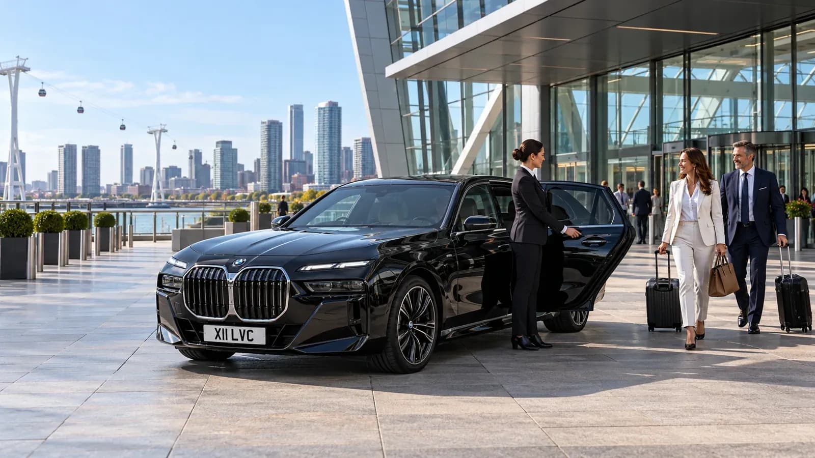Illustration of a chauffeur welcoming conference delegates beside a black BMW 7 Series at a London exhibition venue