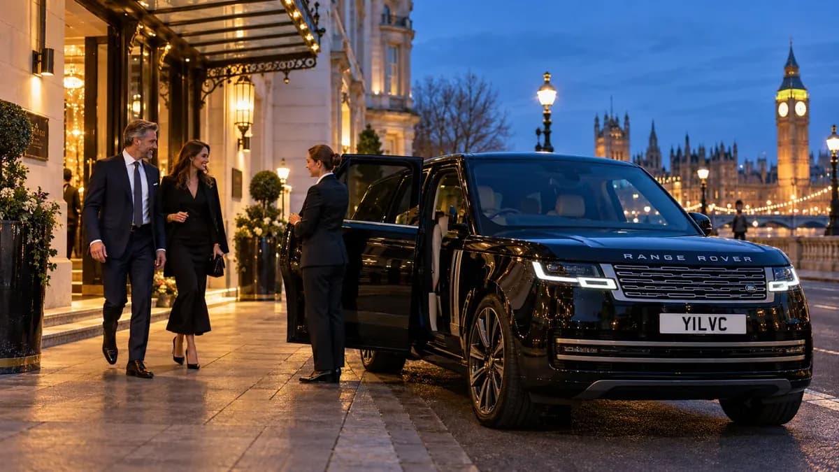 Illustration of a chauffeur greeting business guests beside a black Range Rover after a London reception