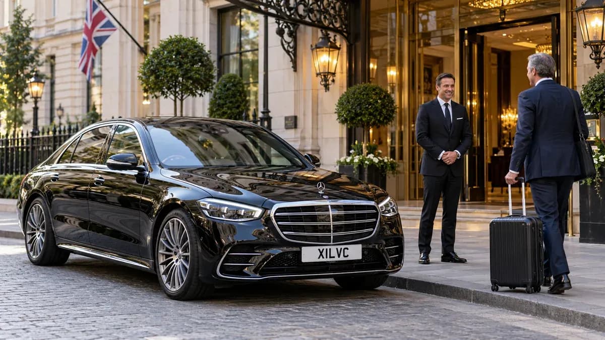 Illustration of a chauffeur and conference delegate beside a black Mercedes-Benz S-Class outside a London hotel