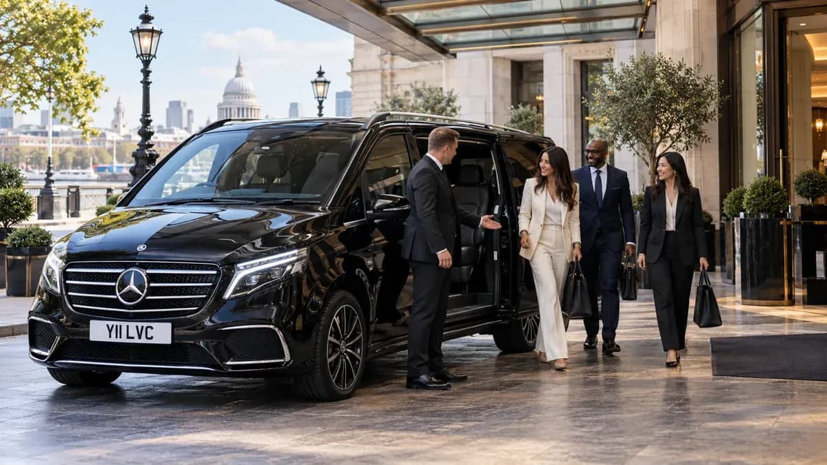 Illustration of conference delegates meeting a chauffeur beside a black Mercedes-Benz V-Class at a London hotel