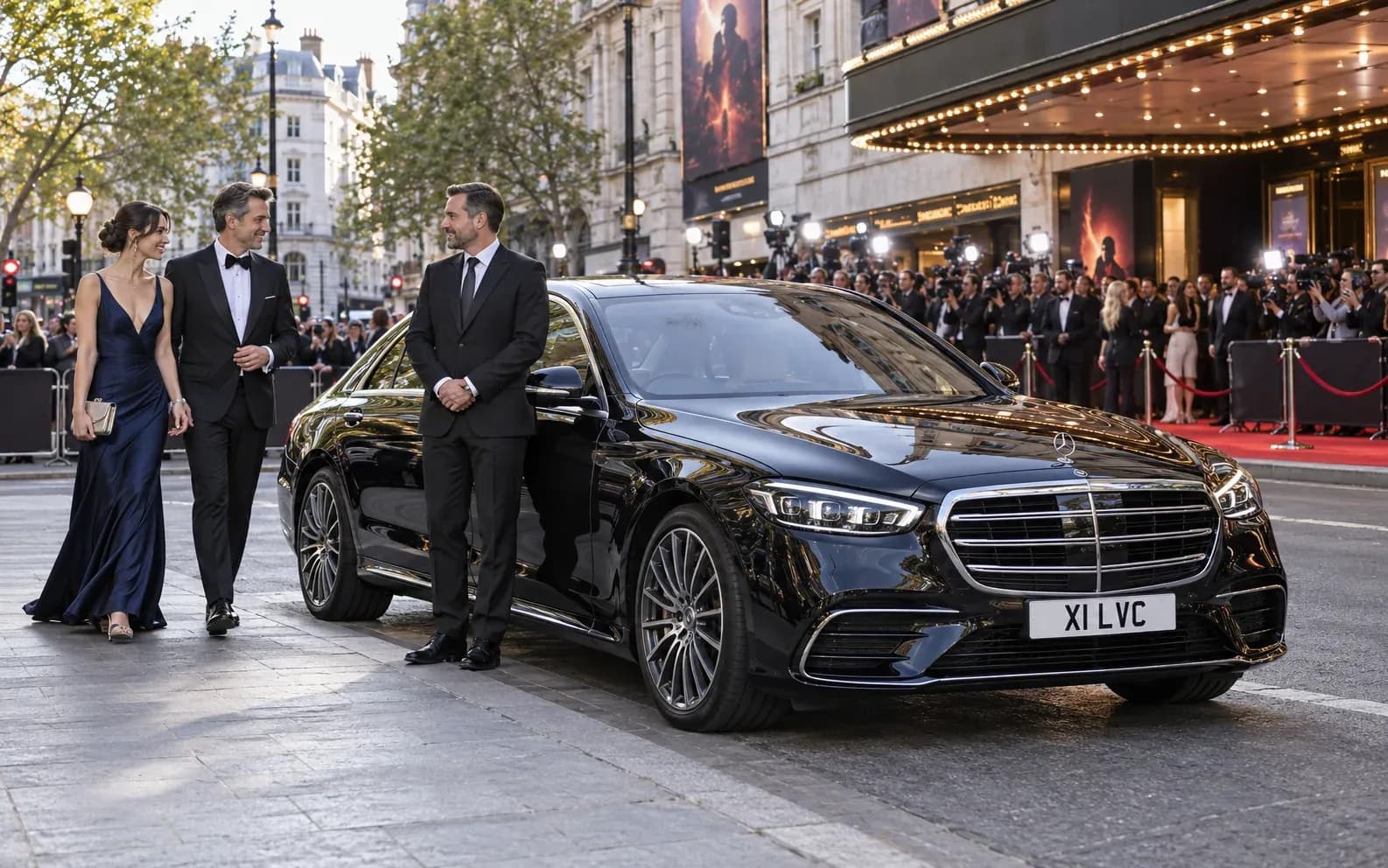 Chauffeur welcoming premiere guests beside a Mercedes-Benz S-Class near a London cinema.