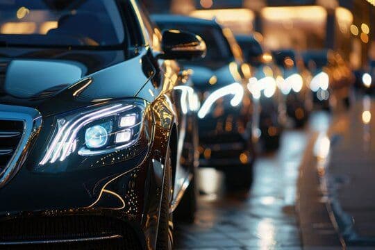 Experience the elegance of our Mercedes-Benz fleet arriving for a nighttime event. Perfect for weddings, corporate parties, and VIP occasions, our professional chauffeurs ensure punctuality, luxury, and style.