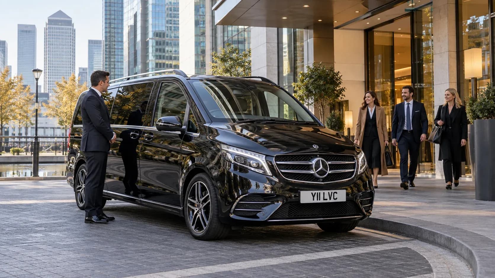 Mercedes V-Class chauffeur arrival in Canary Wharf