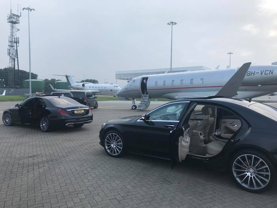 Two luxury chauffeur cars picking up VIP clients from Gatwick private terminal