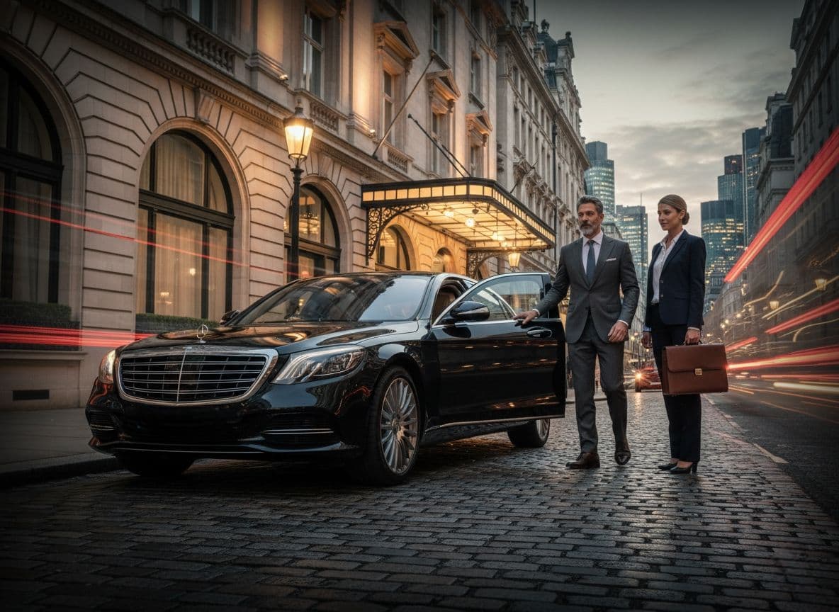 VIP chauffeur London airport transfer with executive and luggage at luxury car outside Heathrow terminal