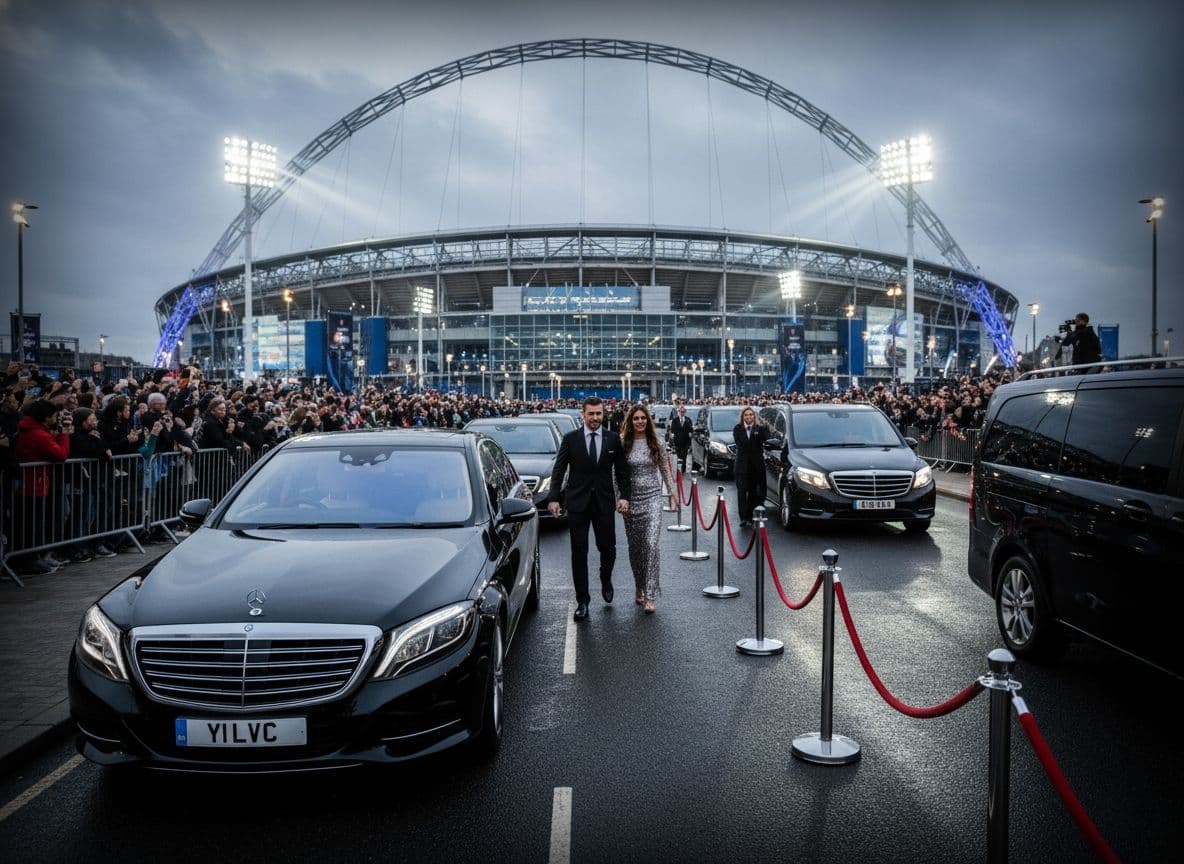 A professional London chauffeur in a tailored suit opening the door of a black Mercedes-Benz S-Class at the Wembley Stadium VIP entrance.