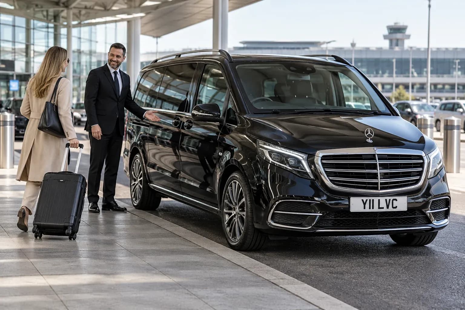 Chauffeur greeting a traveller beside a black Mercedes-Benz V-Class at an airport