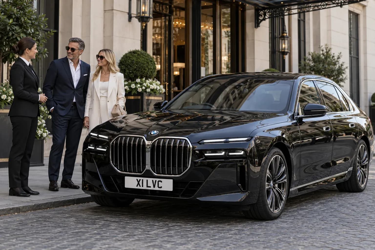 Female chauffeur and guests beside a black BMW 7 Series outside a London hotel