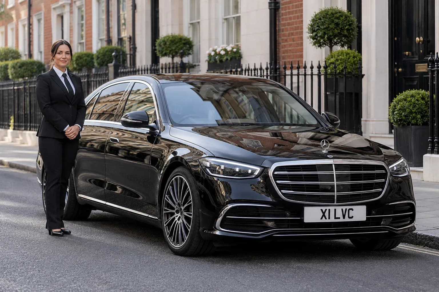 Female chauffeur beside a black Mercedes-Benz S-Class on a London residential street