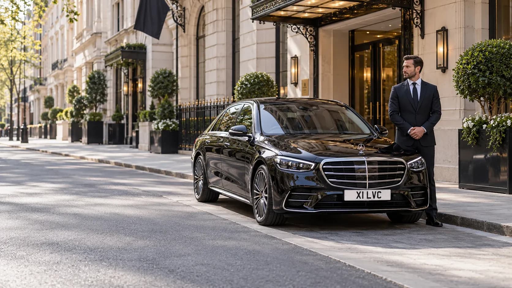 Chauffeur beside a black Mercedes-Benz S-Class outside a Mayfair hotel