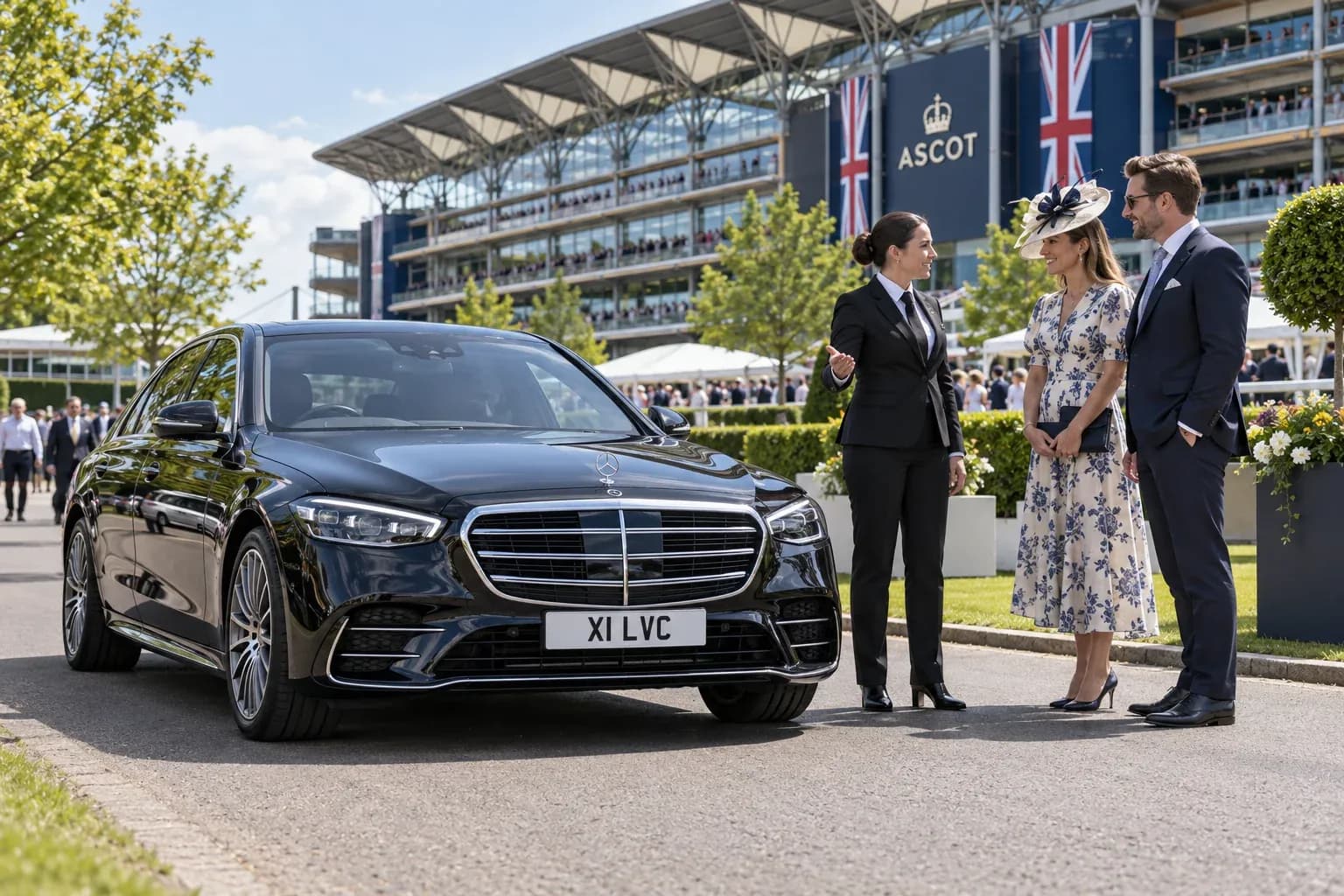 Female chauffeur discussing an Ascot collection beside a Mercedes-Benz S-Class.