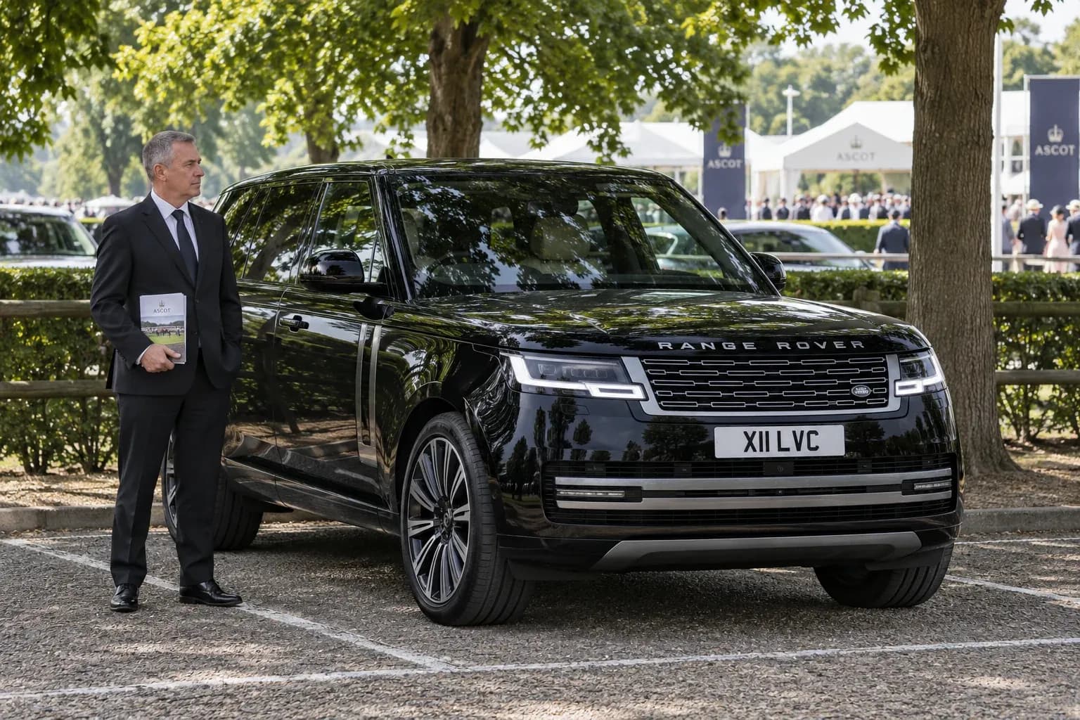 Chauffeur waiting beside a Range Rover in a shaded Ascot parking area.