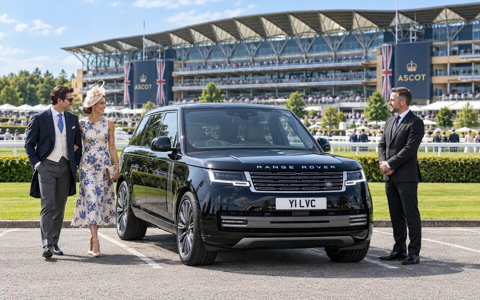 Chauffeur and race-day guests beside a Range Rover near Ascot grandstand.