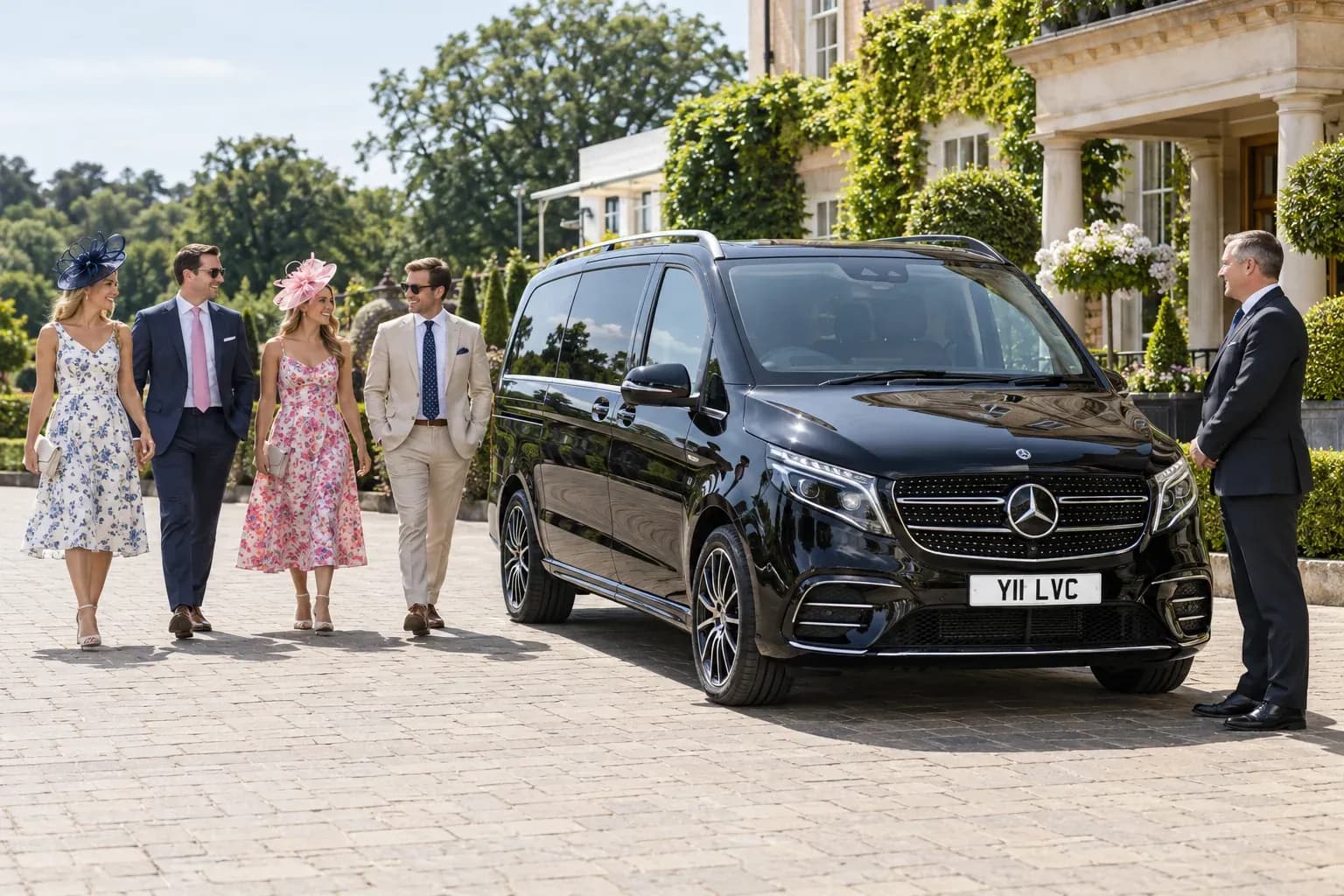 Race-day hospitality guests approaching a Mercedes-Benz V-Class and chauffeur.