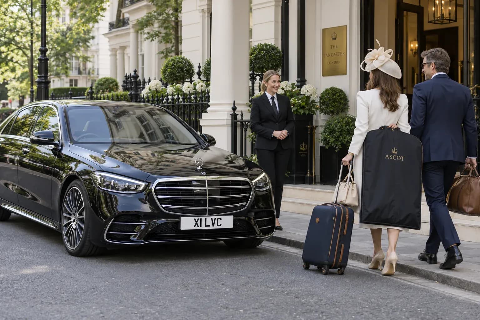 Female chauffeur welcoming Ascot guests with luggage beside a Mercedes-Benz S-Class.