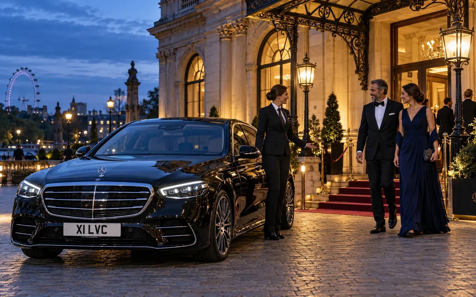 Female chauffeur welcoming black-tie guests beside a Mercedes-Benz S-Class at an evening awards venue.
