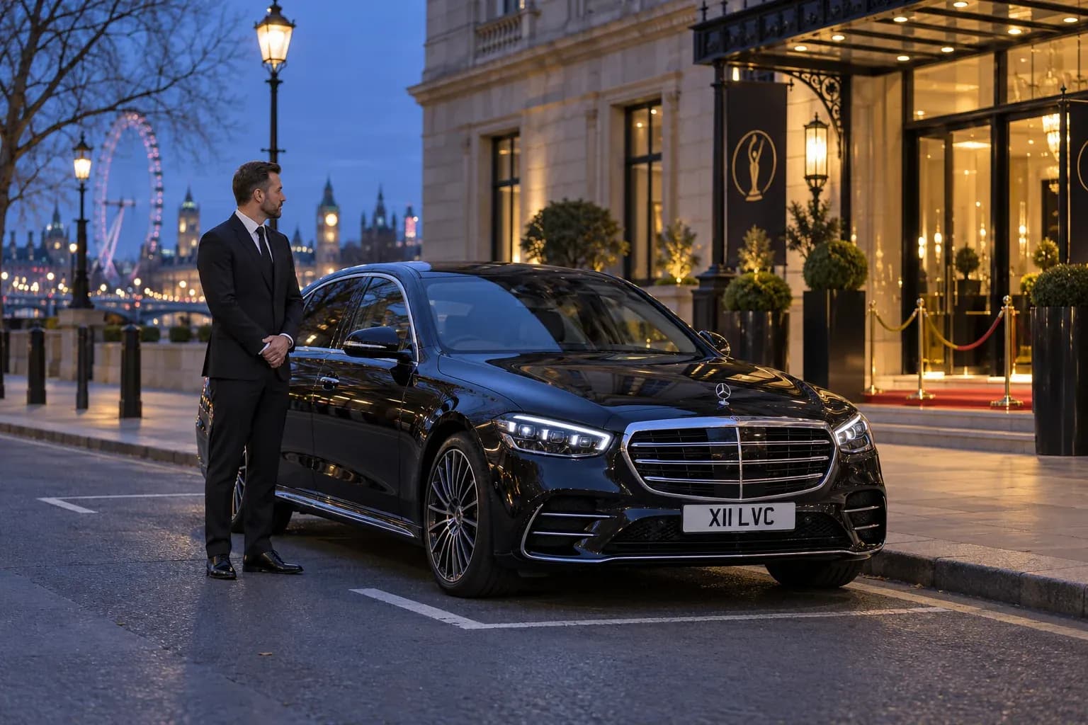 Chauffeur waiting beside a Mercedes-Benz S-Class near an illuminated awards venue.