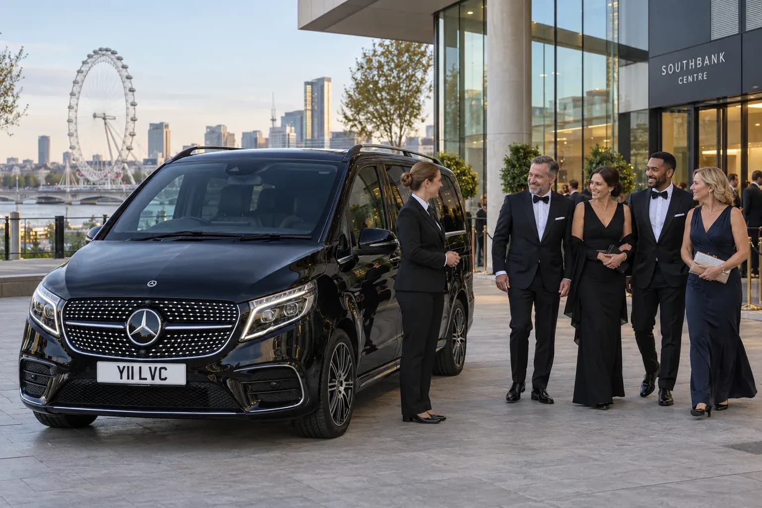 Female chauffeur greeting an awards team beside a Mercedes-Benz V-Class.