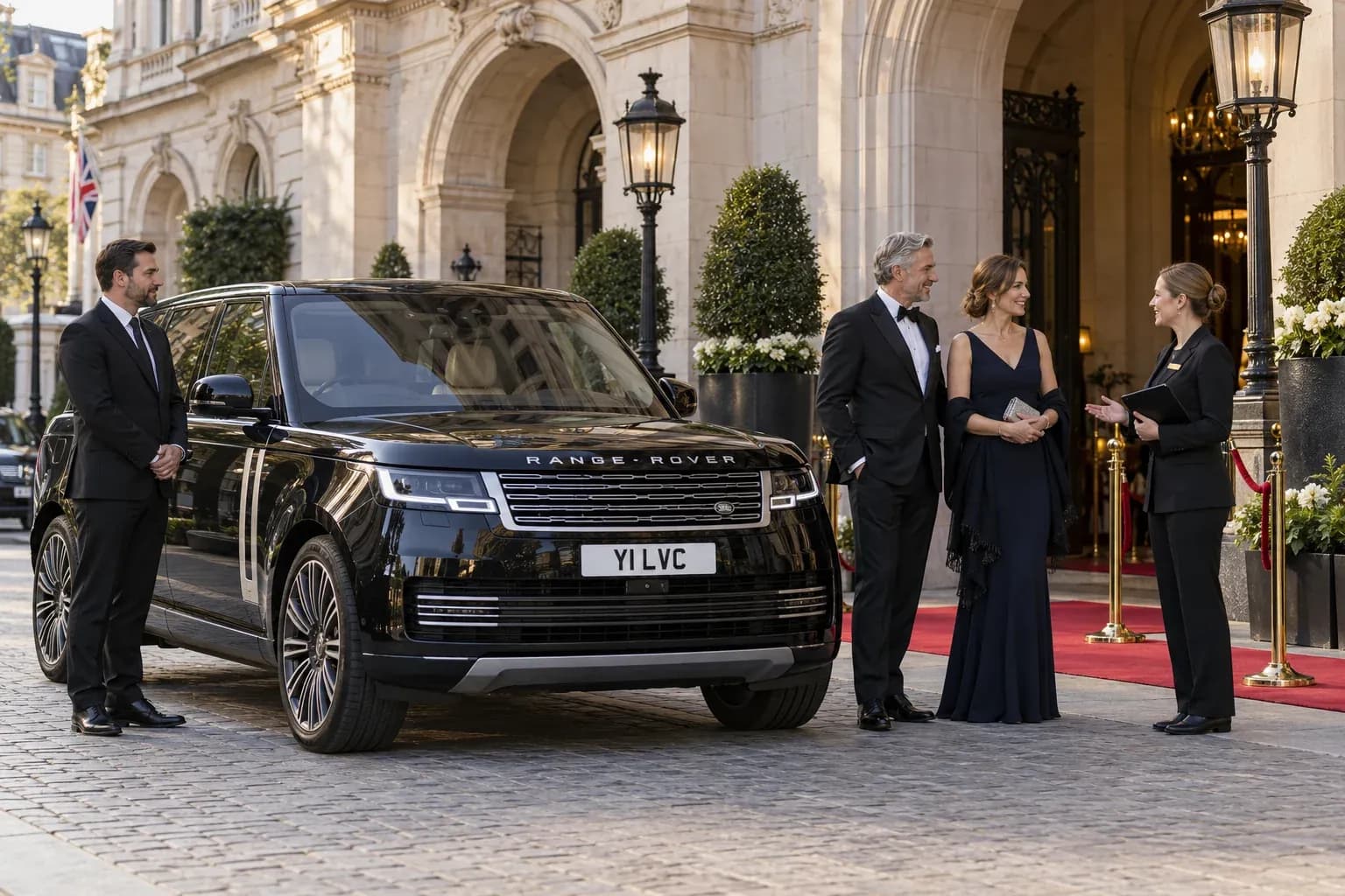 Chauffeur and coordinator greeting awards guests beside a Range Rover.