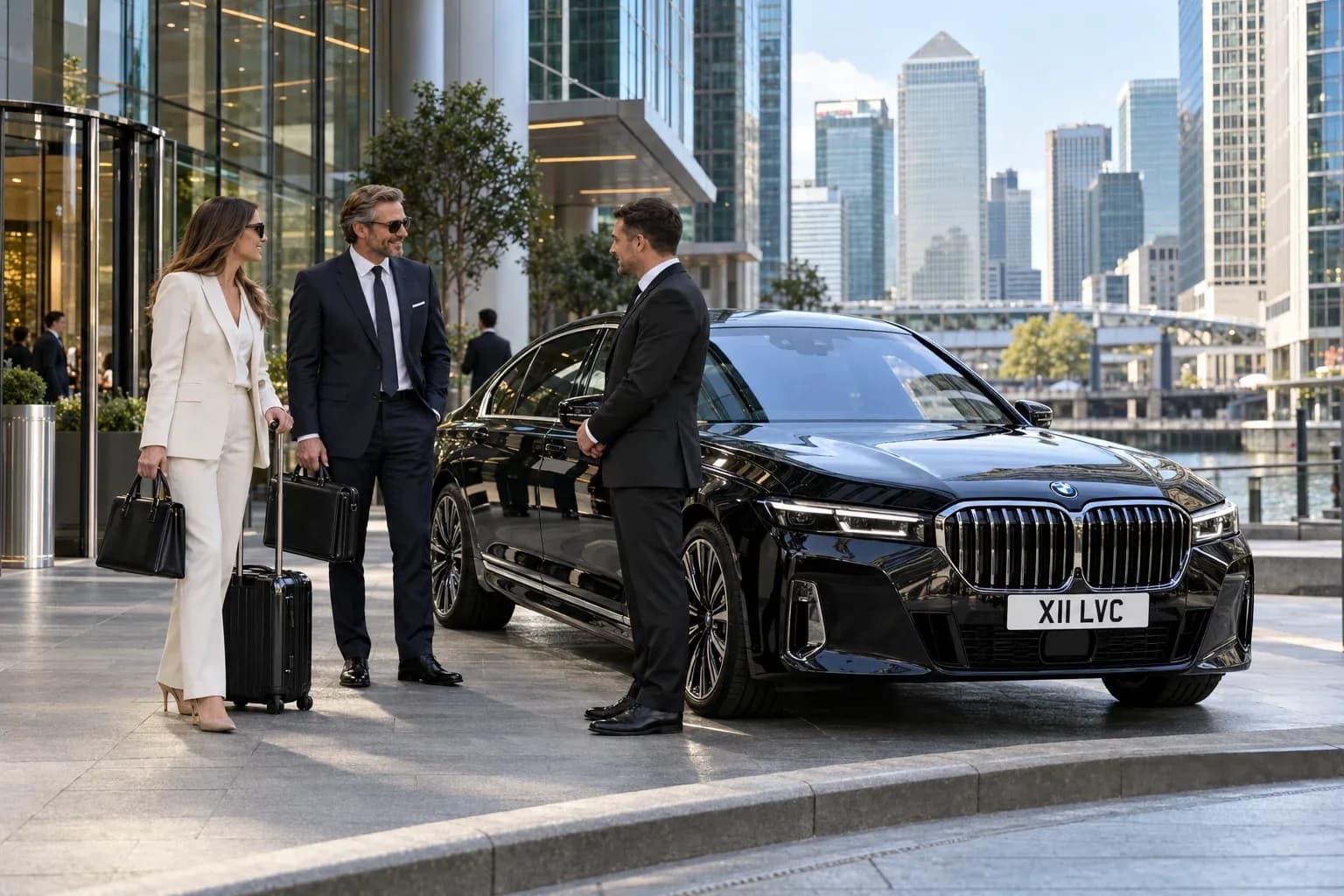 Chauffeur and two executives beside a BMW 7 Series outside a Canary Wharf office.
