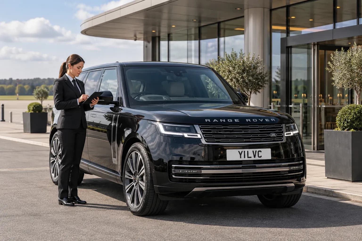 Illustration of a female chauffeur checking private-flight collection instructions beside a Range Rover.