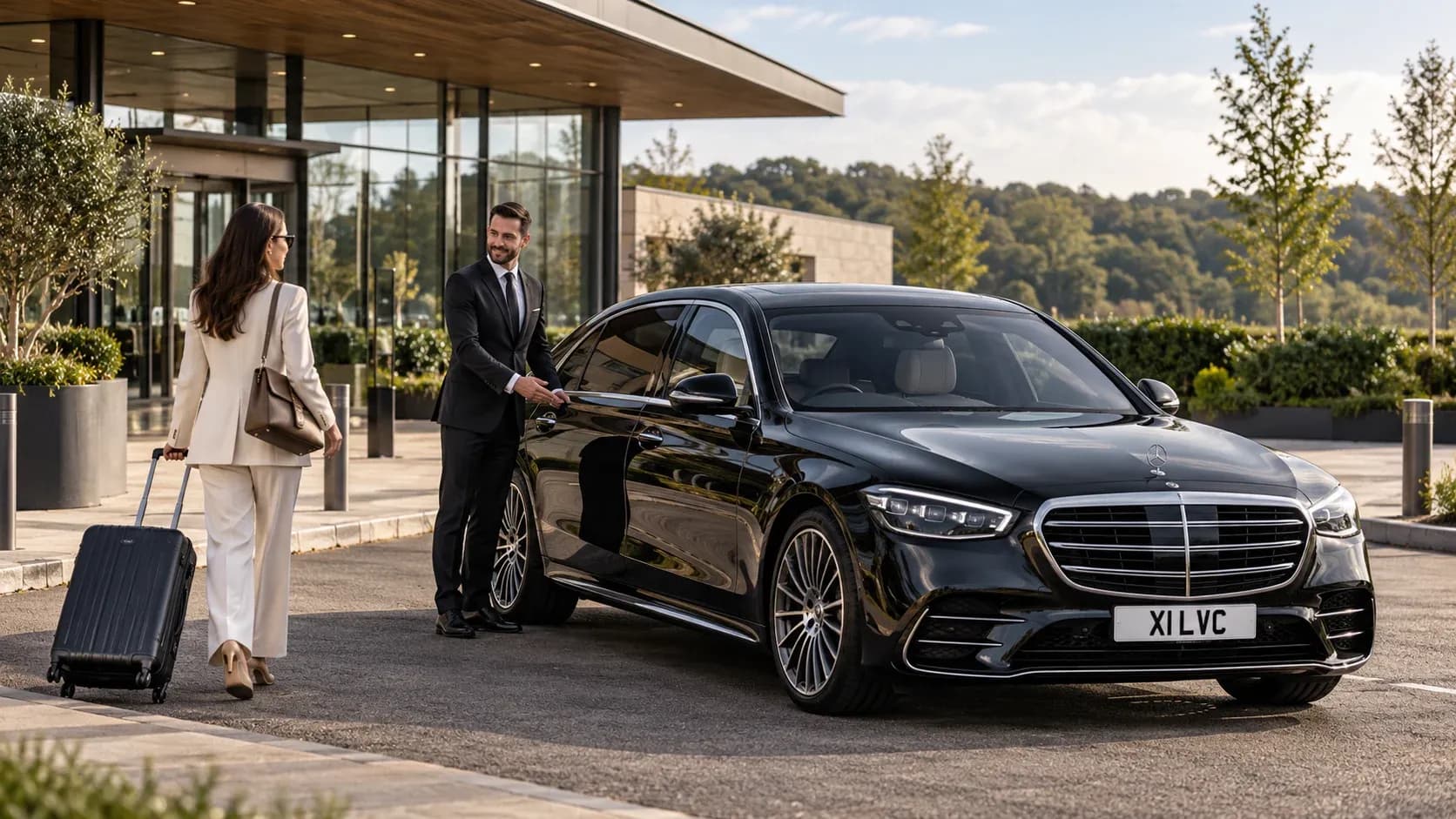 Illustration of a chauffeur welcoming a traveller beside a Mercedes-Benz S-Class at a Biggin Hill-inspired private terminal.