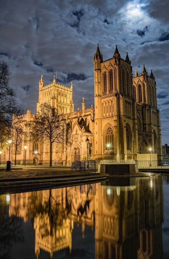 Luxury chauffeur transfer near Bristol Cathedral at night in Bristol city centre
