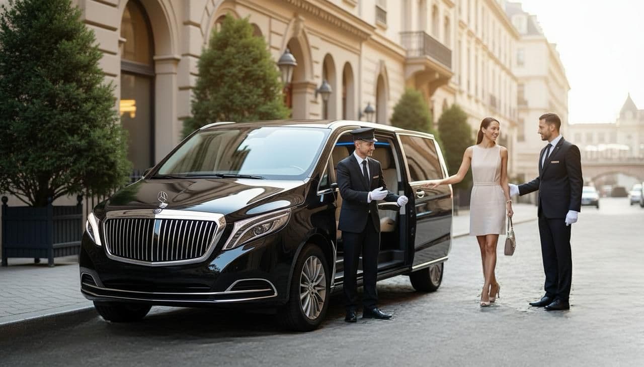 Executive business van chauffeur service waiting outside a London hotel for sightseeing tour and cruise terminal transfer.