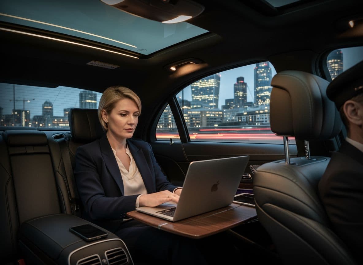Businesswoman working on laptop inside luxury chauffeur car during transfer from London City Airport to Canary Wharf and central London