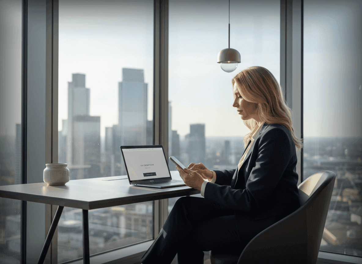 Businesswoman in Canary Wharf office booking executive chauffeur service for London City Airport transfer to central London