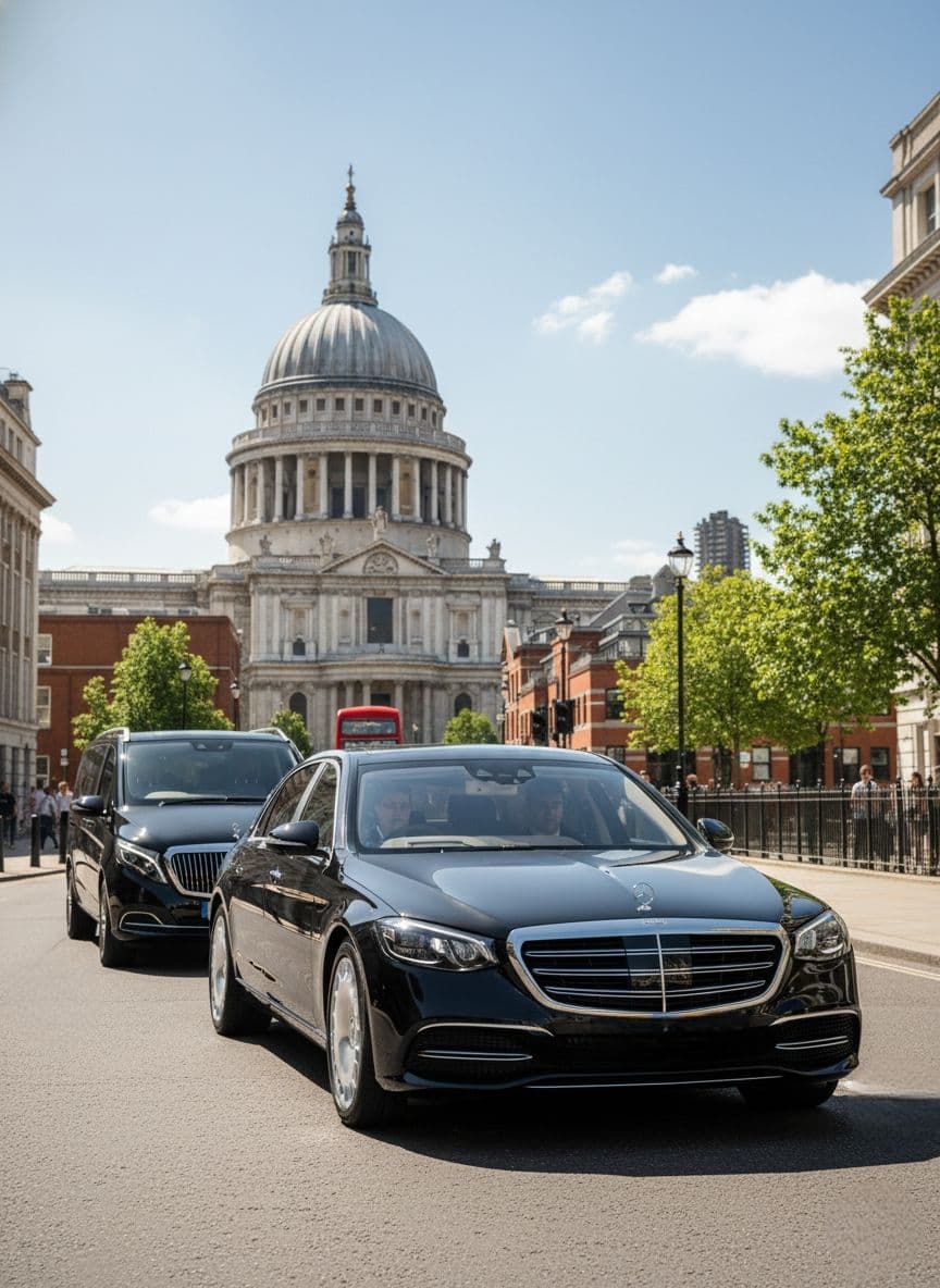 Group of chauffeurs with Mercedes-Benz V-Class, Range Rover, and Smart cars ready to serve business and corporate clients in Canary Wharf, London