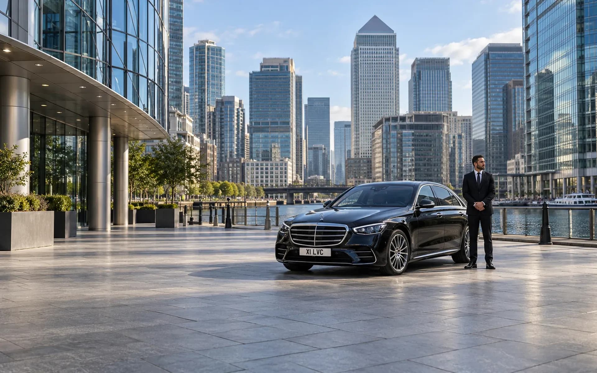 Mercedes-Benz S-Class and chauffeur beside the Canary Wharf skyline in daylight