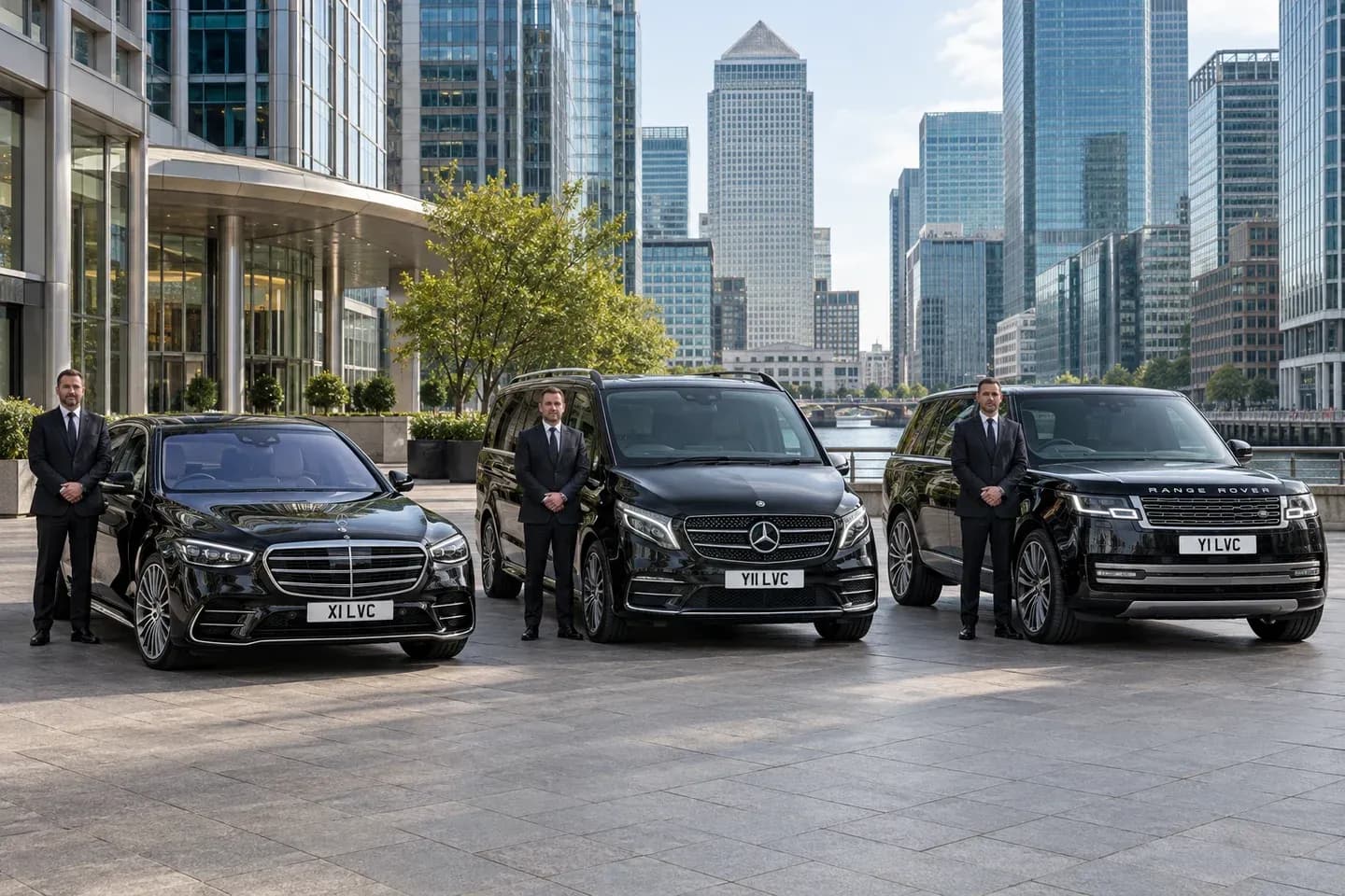 Mercedes-Benz S-Class, V-Class and Range Rover with chauffeurs in Canary Wharf