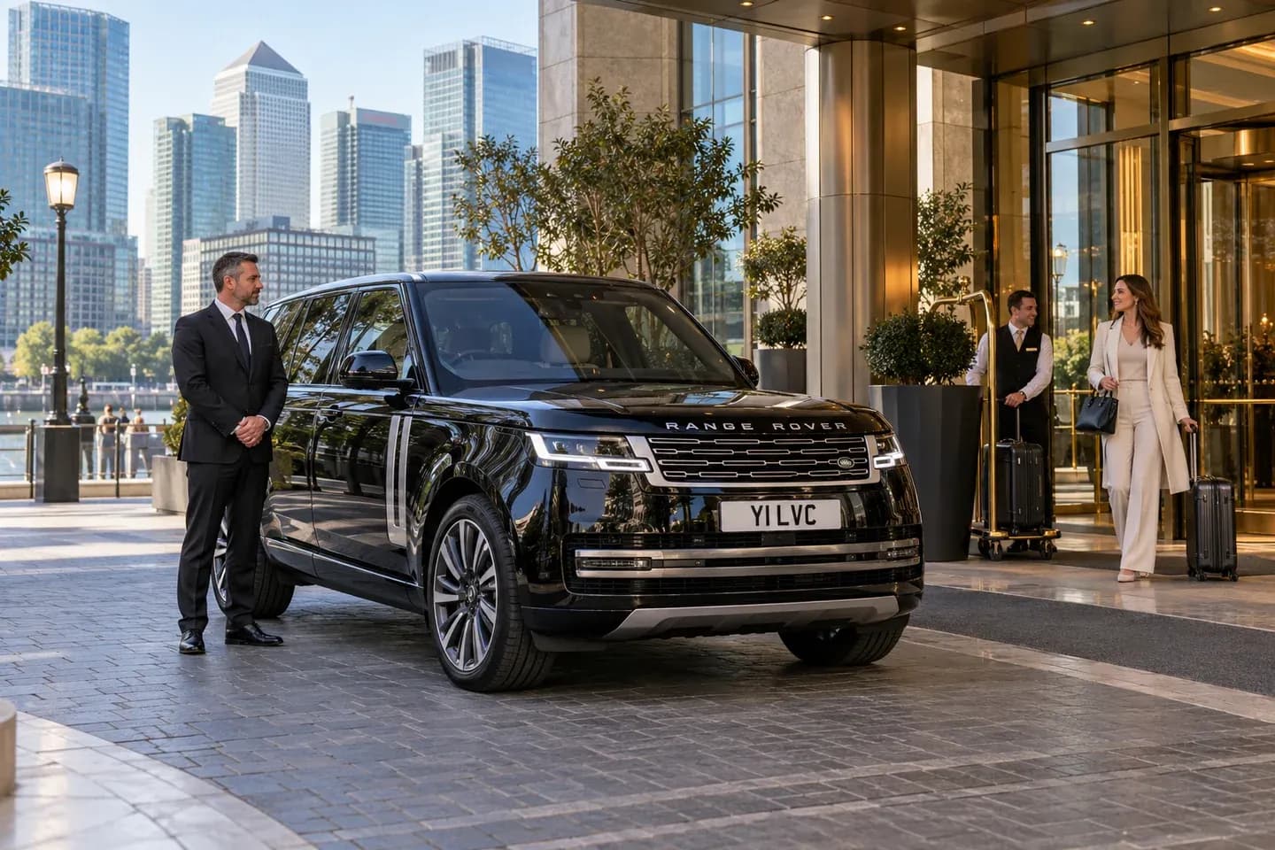 Range Rover and chauffeur awaiting a hotel guest with luggage in Canary Wharf