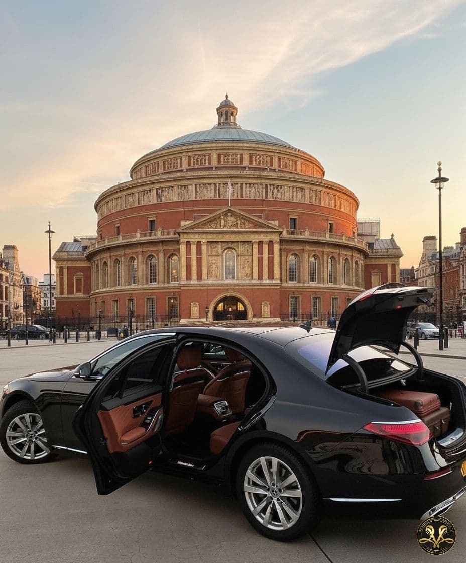 Chauffeur loading luggage into a luxury car outside a 5-star hotel with concierge assistance in London