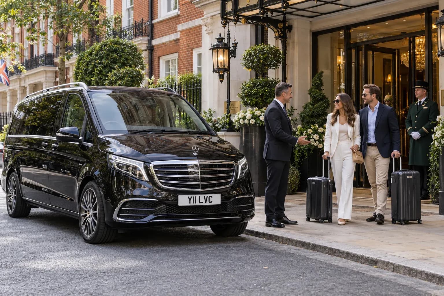 Chauffeur greeting travellers with luggage beside a Mercedes V-Class at a Chelsea hotel