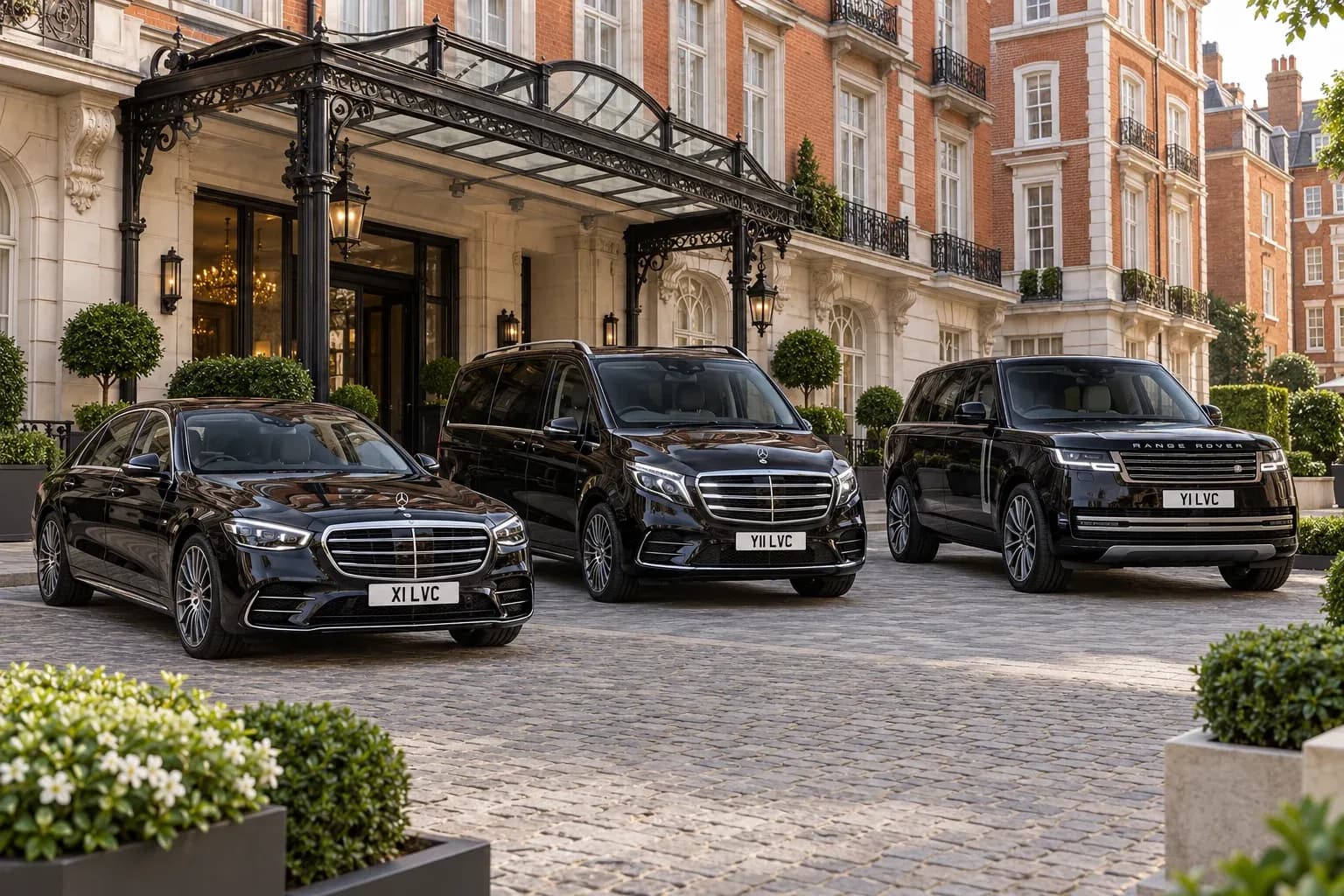 Mercedes S-Class, V-Class and Range Rover chauffeur fleet outside a Chelsea hotel