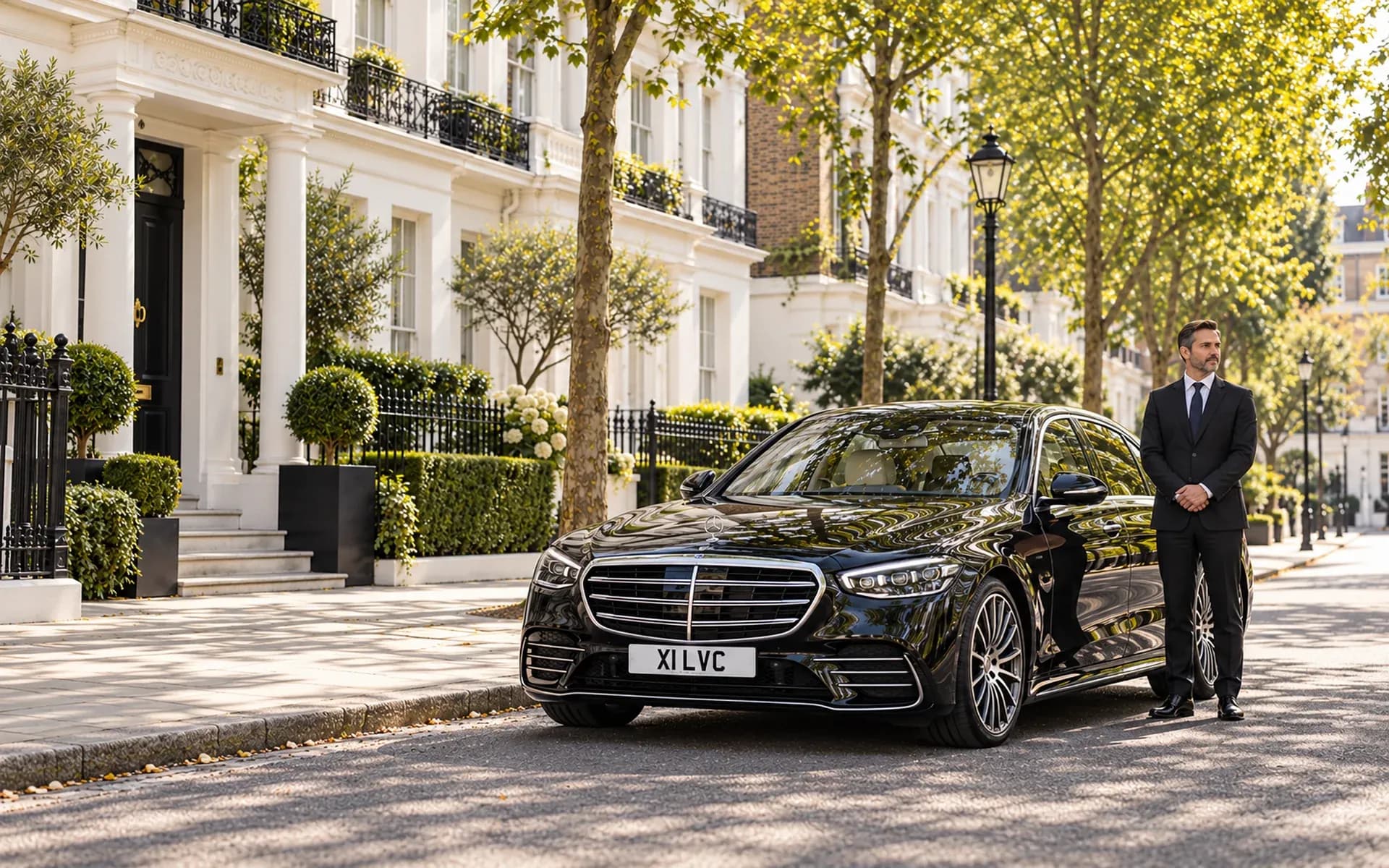 Black Mercedes S-Class and professional chauffeur outside Chelsea townhouses