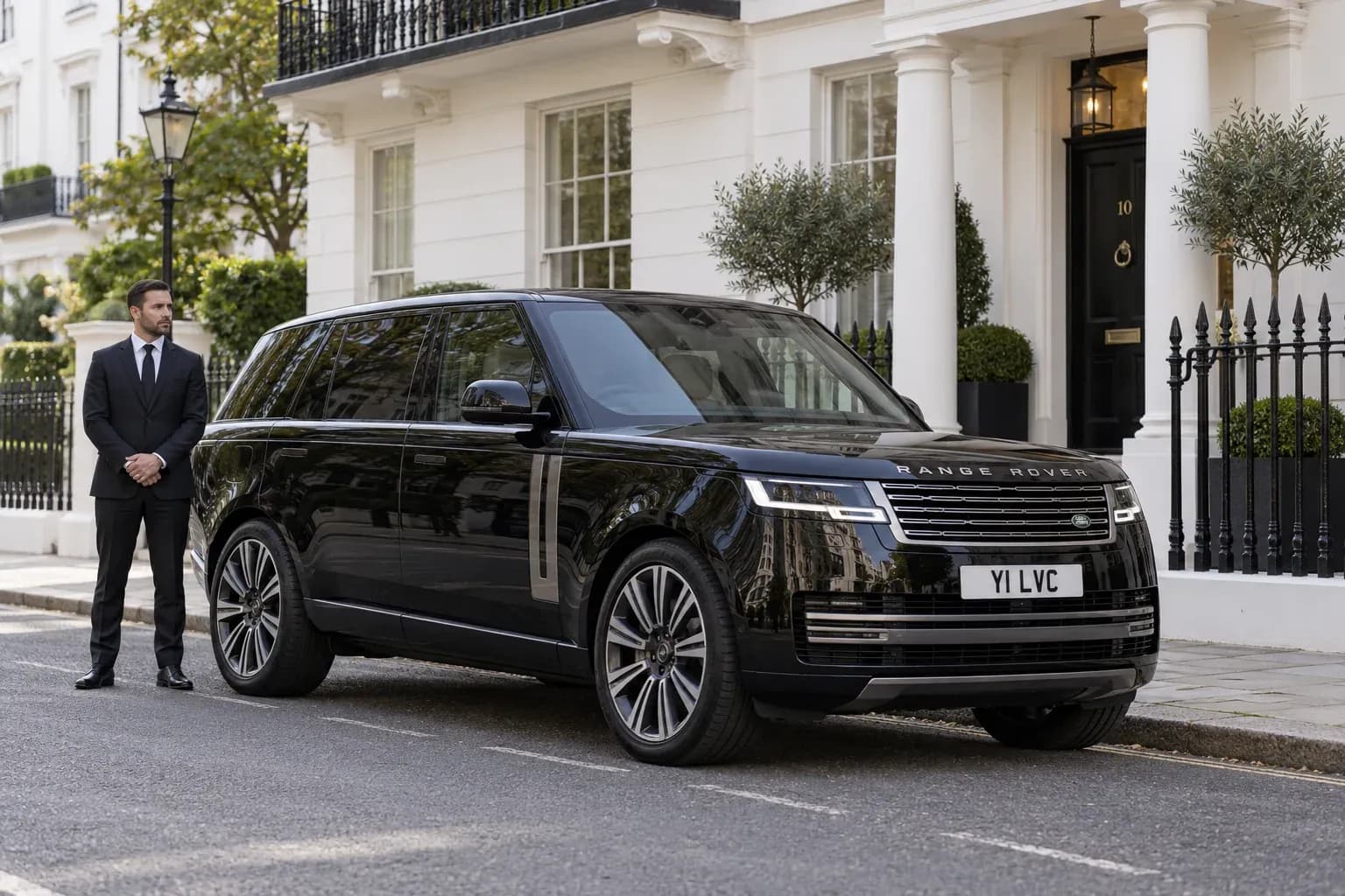 Chauffeur waiting beside a black Range Rover outside a Chelsea private residence