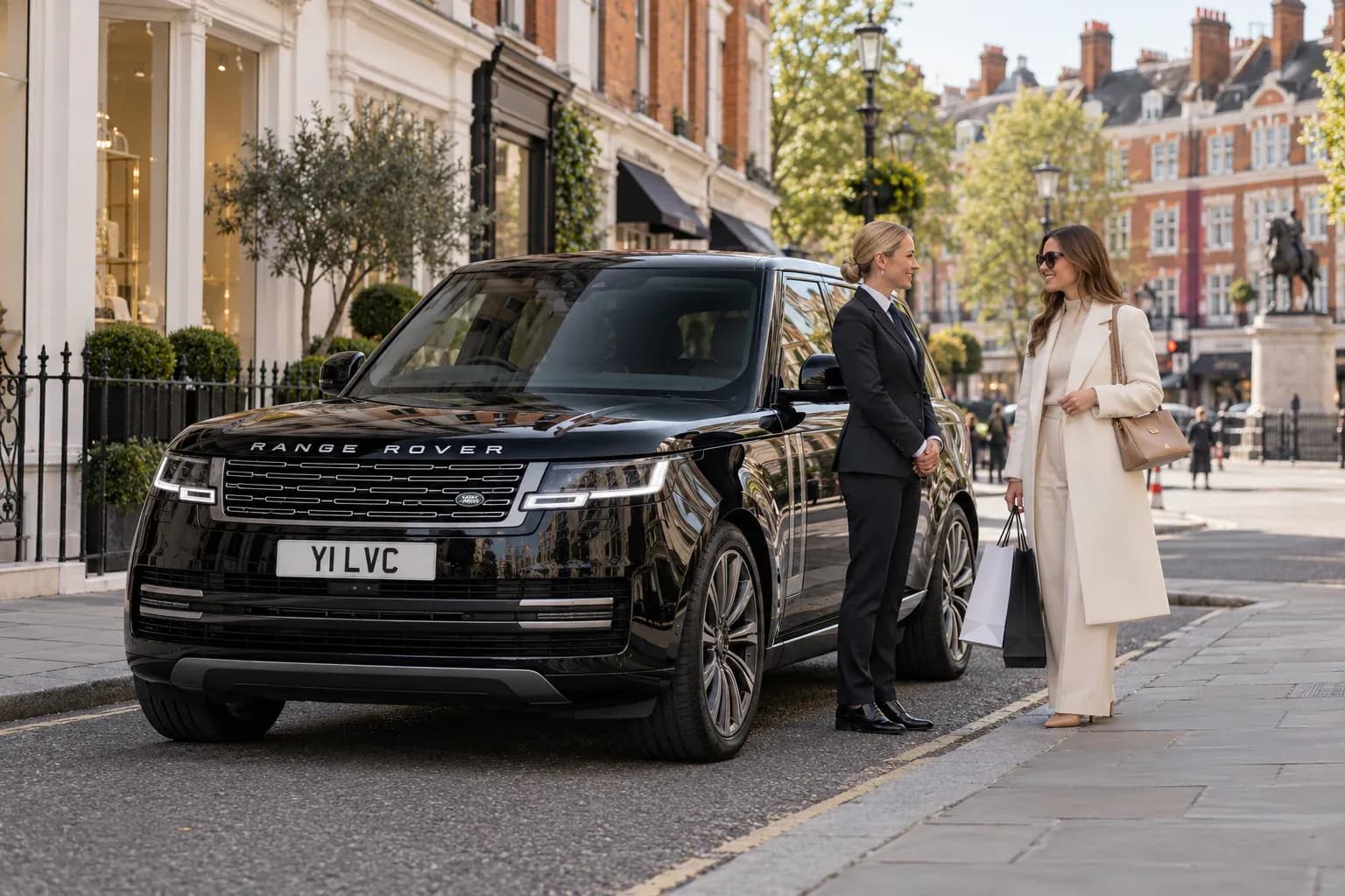 Female chauffeur and shopping guest beside a black Range Rover in Chelsea