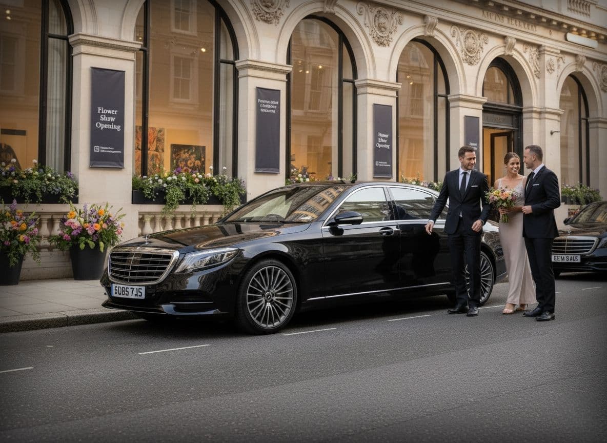 Guests dressed for the Chelsea Flower Show standing beside a Mercedes-Benz S-Class, preparing to enter the event ceremony