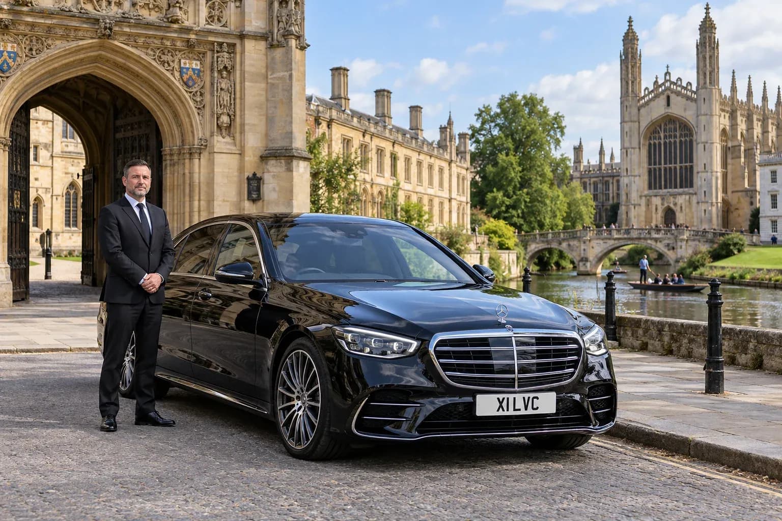 Chauffeur beside a black Mercedes-Benz S-Class near historic Cambridge university buildings
