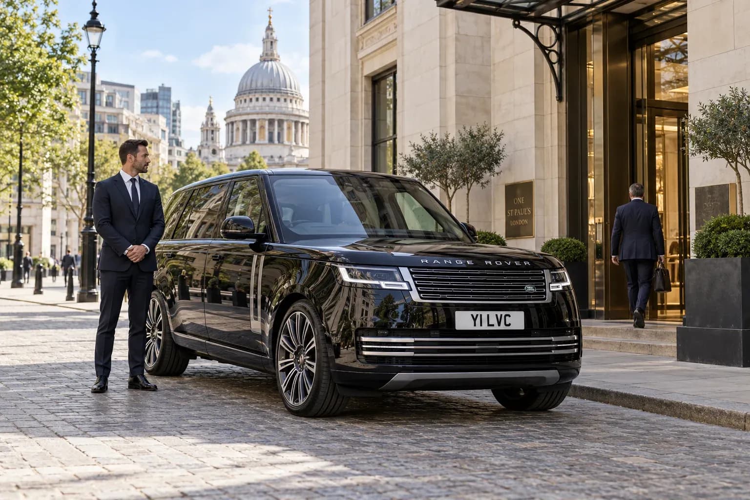 Chauffeur beside a black Range Rover Autobiography near St Paul’s Cathedral in the City of London.